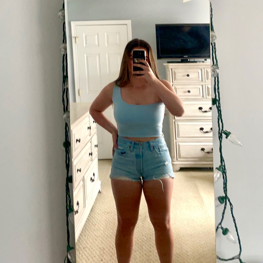 Amazon: Blue one shoulder top, Size M